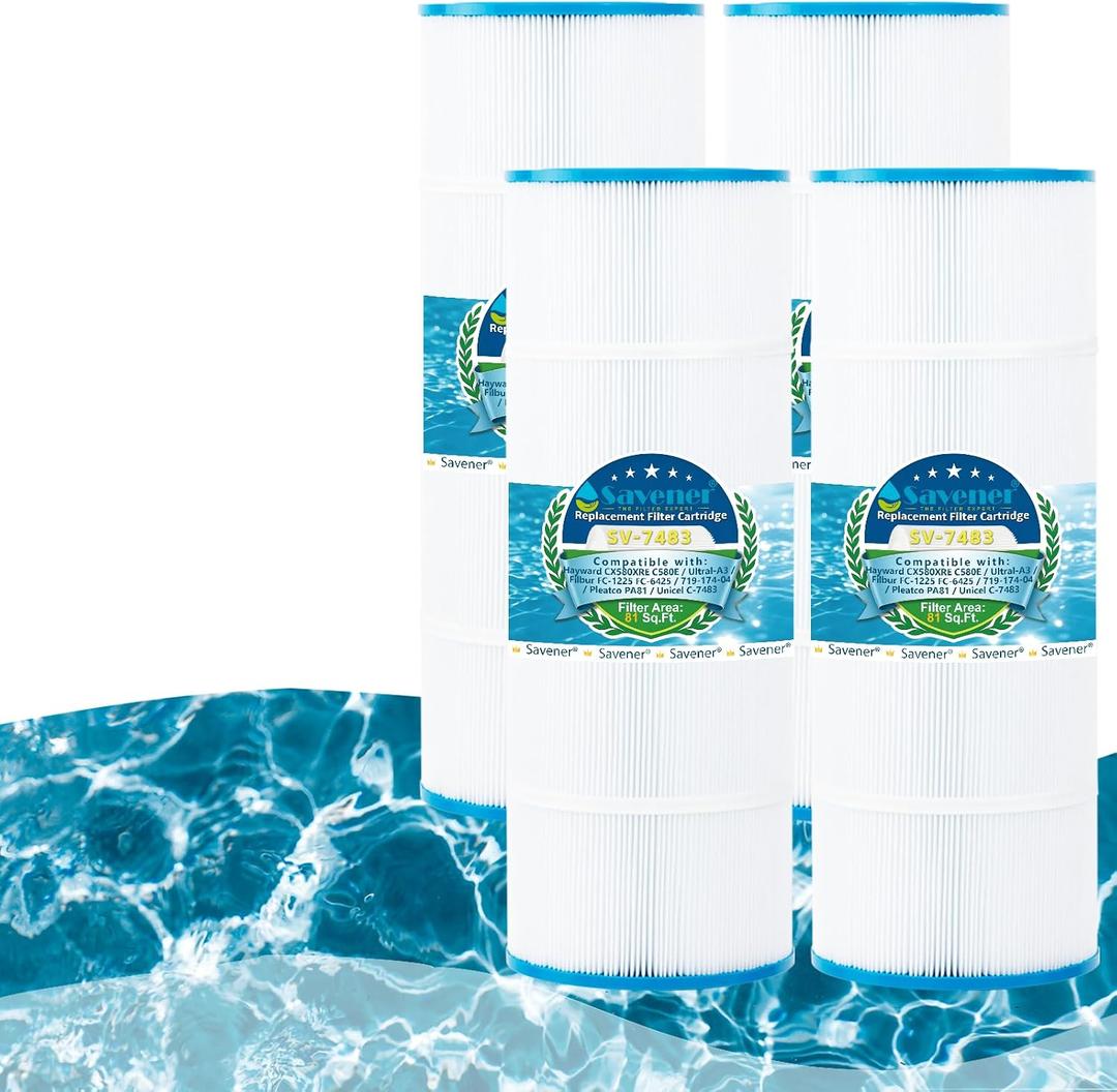 Savener C-7483 CX580XRE Pool Filter Cartridge, Replaces Hayward C580E, C3020, C3025, C3030, CX580XRE, PA81-PAK4, PA81, Unicel C-7483, Filbur FC-1225FC-6425, Ultral-A3, 81 Sq. Ft, 4 Pack