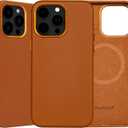 for iPhone 15 Pro Max Leather Case | Genuine Full Grain Leather| Compatible with MagSafe and Wireless Charging | Metal Buttons Camera Bezel | Slim Fit-Drop and Scratch Resistant(Brown)