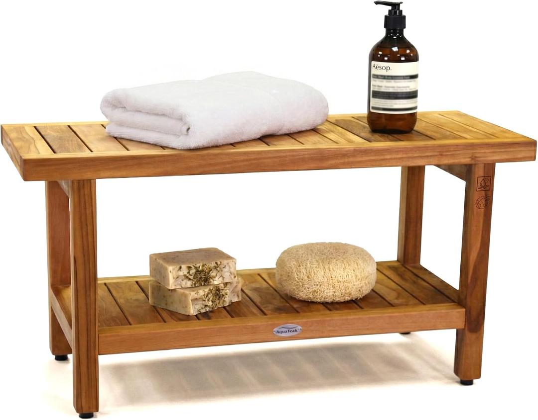 AquaTeak The Original 36" Spa Teak Shower Bench - Shower Stool with Storage Shelf for Bathroom - Durable Water Resistant Shower Chair - Shaving Foot Rest - Indoor & Outdoor Use