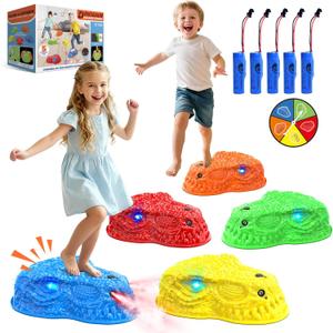 Dinosaur Toys for Kids 3-5, Mist Spraying Dino Roaring & Light up Stepping Stones for Kids, Indoor & Outdoor Durable Non-Slip Sensory Balance Stones with 5 Rechargeable Batteries, Gift for Toddlers