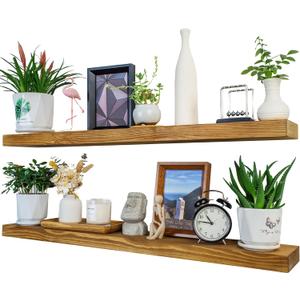 Rustic Floating Shelves 48 inch Long 8 inch deep Set of 2, Solid Wood Wall Shelves for Bedroom Living Room Kitchen,Book Shelf for Wall, Wall Mounted Shelves with Hidden Bracket- Gold Oak