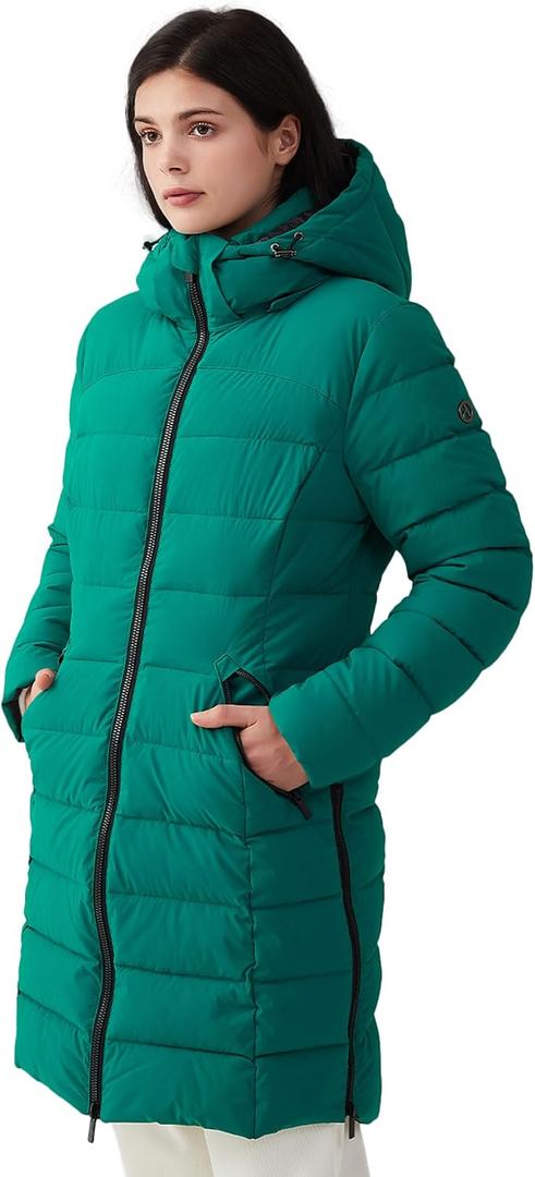 IKAZZ Women's Winter Warm Coat Packable Long Hooded Outwear Vegan Down Parka Jacket (Green, XS)