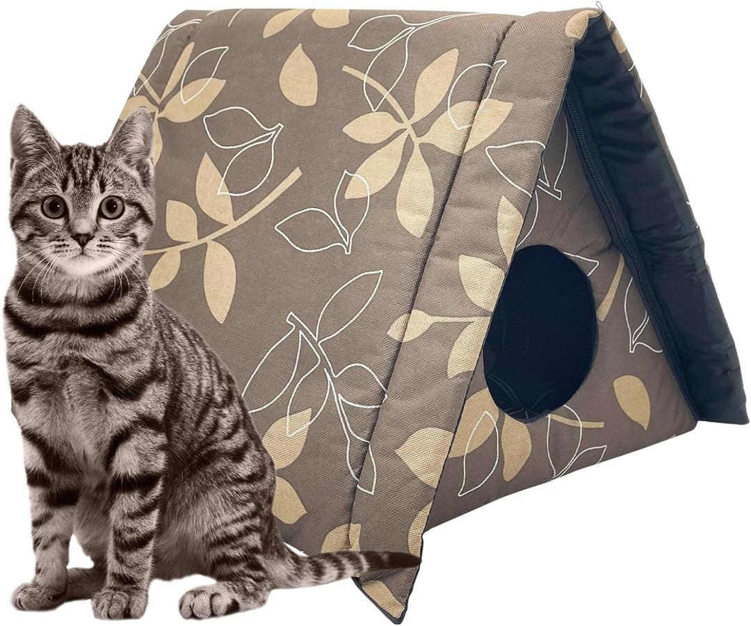 Fhiny Stray Cats Shelter, Waterproof Outdoor Cat House Foldable Warm Pet Cave for Winter Wild Animal Tent Bed Anti-Slip Kitten Cave for Feral Cat Dog Puppy Weatherproof (M, Brown)
