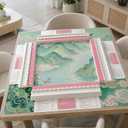 Teal Green Chinoiserie Landscape Mahjong Mats for Table