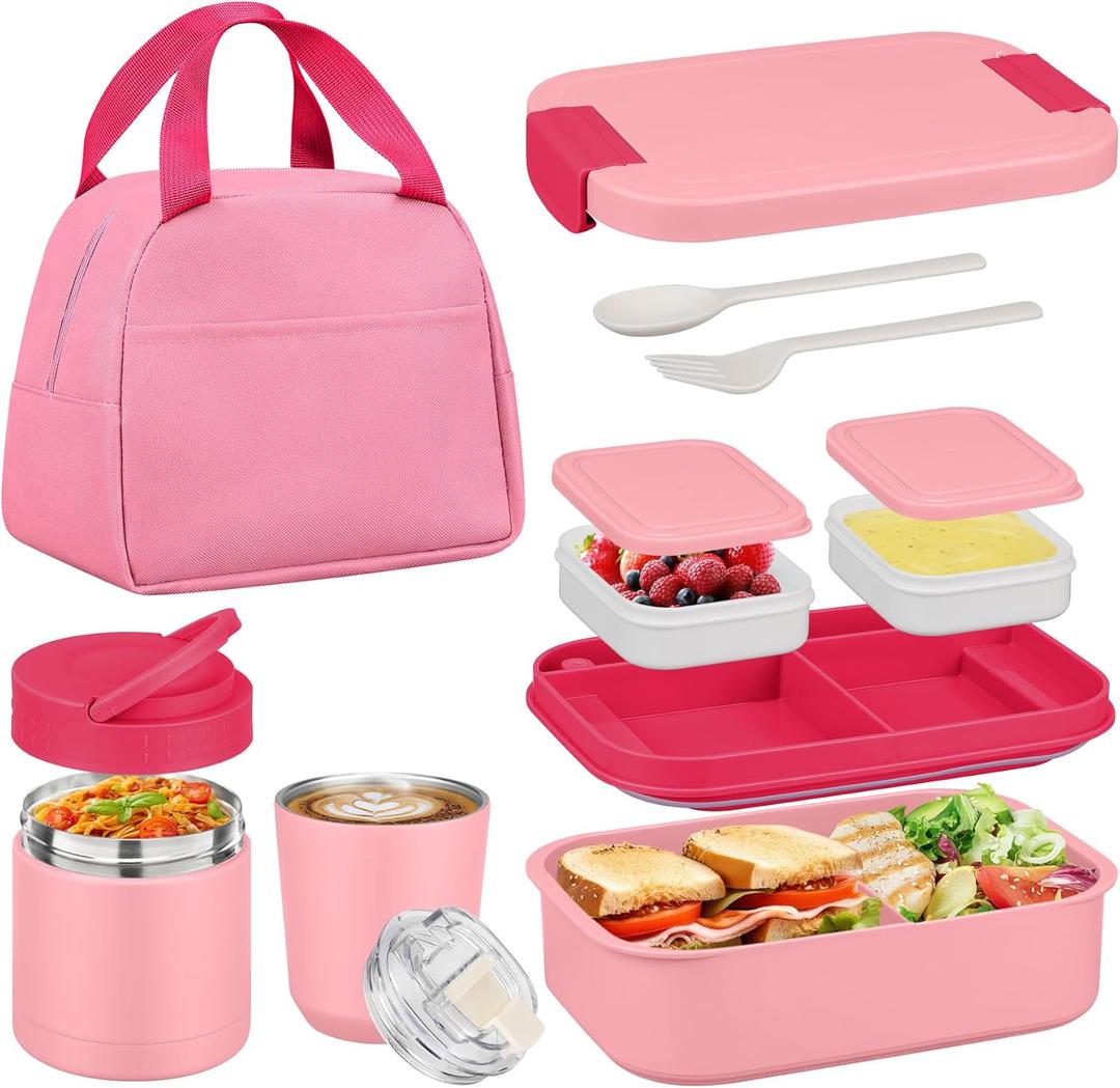 Bento Lunch Box Set with 10.5oz Soup Thermo Food Jar for Adults Kids, Stainless Steel Leak-proof Lunch Container with 4 Compartment, Coffee Tumbler with Lunch Bag for School Travel Office-Pink