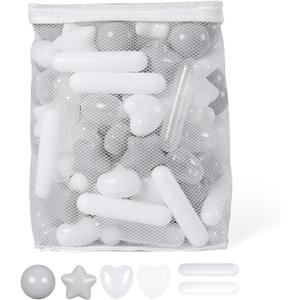 STARBOLO Ball Pit Balls for Baby and Toddler, 150 200 Pack White Mixed Shaped Balls Phthalate Free BPA Free Crush Proof Plastic Pit Balls Play Toys for Kids Ball Pit, Pool,Play Tent,Party (Gray+white+transparent;Stars+balls+hearts+long balls)