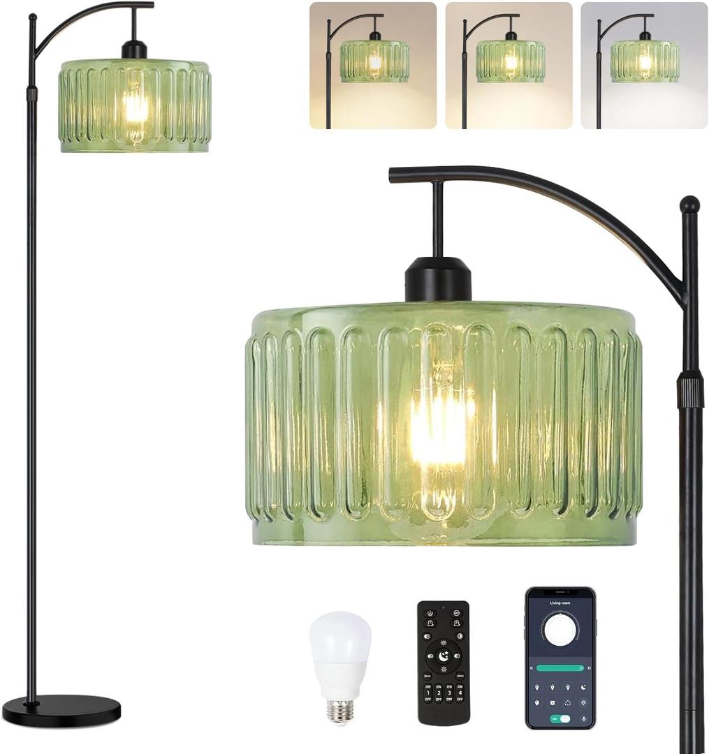 ILLMTW Black Floor Lamp for Living Room, Bedroom, Standing Lamp with Remote Dimmable Tall Lamp Vintage Retro Mid Century Modern Floor Lamps Arc Green Glass Lamp Floor Light Boho Bohemian