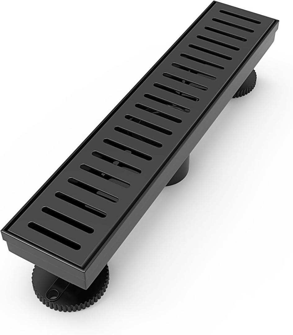 12 Inch Linear Shower Drain Rectangular Floor Drain with Accessories Capsule Pattern Cover Grate Removable SUS304 Stainless Steel CUPC Certified Matte Black