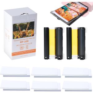 Compatible with Canon Selphy CP1300 Ink & Paper Set, 108 sheets 4"x6" Glossy Photo Paper, 2 Color Ink Cassettes, for CP1200/CP1500/CP1000 Photo Printer, RP-108