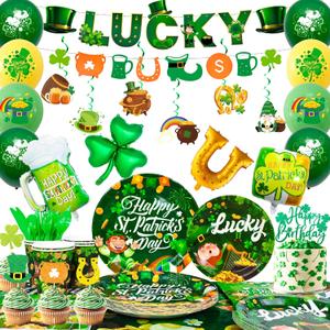 10 Guests St Patricks Party Tableware, 117pcs St. Patricks Day Party Supplies Set Including St Patricks Party Plates Tablecloth Napkins Balloons etc St. Patrick's Party Decorations