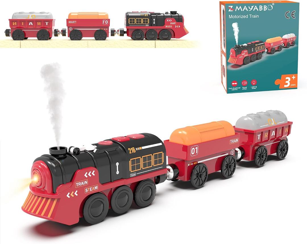 Toy Train Electric Train Set for Wooden Tracks, Christmas Motorized Train Toys for Toddlers, Battery Operated Train Includes Lights, Sounds, Smoke, Steam Train Compatible with Thomas, Brio, Small to Medium