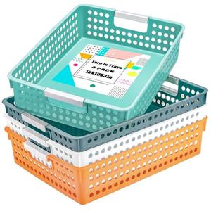 Cptoion Turn in Trays Classroom,4 Pack Paper Trays for Classroom,Plastic Storage Baskets with Handles,Colorful Classroom Organization and Storage Paper Tray Holds for Drawers, Office, Home (4 Color)