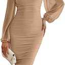 MEROKEETY Women's Long Sleeve Wedding Guest Formal Dress Fall Winter Ruched Bodycon Mesh Cocktail Party Midi Dresses M