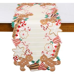 Gingerbread Table Runner Christmas Decorations Candy Cane 36 inches Long for Kitchen Dinning Coffee Table Home Holiday Party Decor