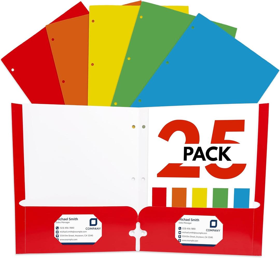 Paper Pocket Folders with 3 Holes for 3 Ring Binders, 2 Pockets with Business Card Slot, Letter Size, Assorted 5 Colors, Bulk Pack for School & Office Use, Report & Presentation Folders (25)