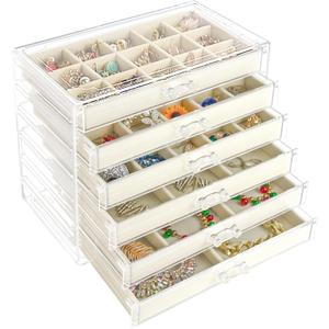 Watpot Acrylic Jewelry Box with 6 Drawers, Clear Earring Storage Organizer Display Case for Women Girls, Beige