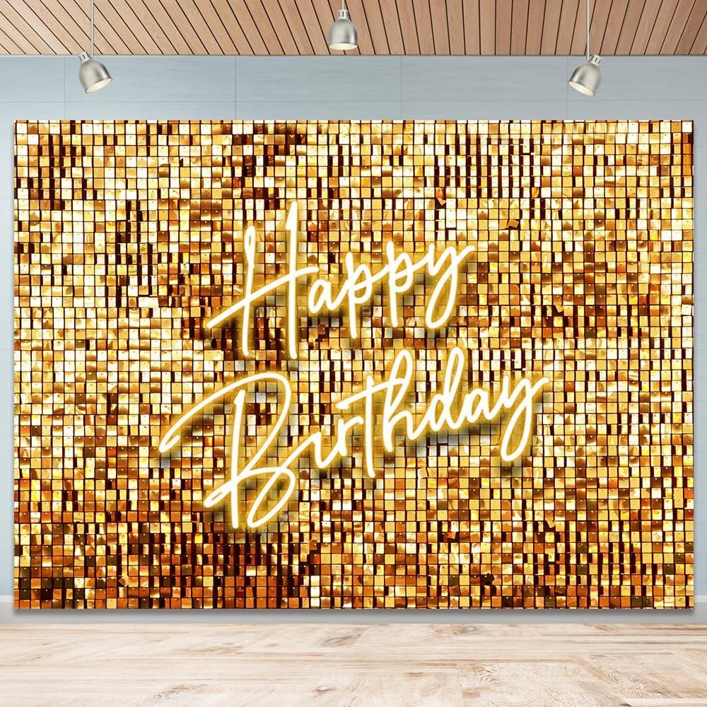 Golden Flash Square Happy Birthday Backdrop for Women Golden Wall Birthday Backdrops for Photography Golden Glitter Birthday Party Decorations Banner Girls Women Birthday Photo Backdrop 7x5Ft (S2)