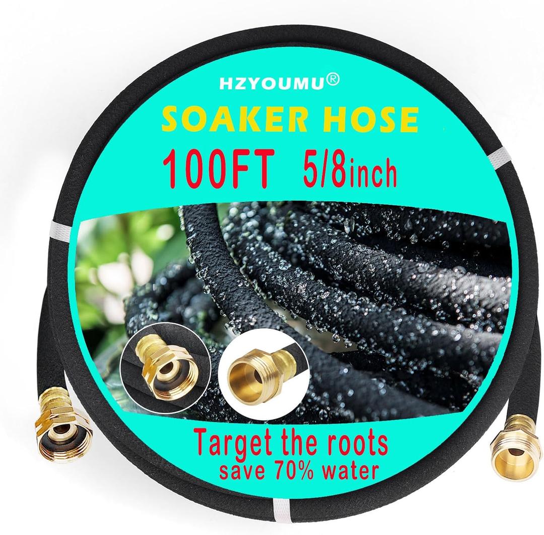 Soaker Hose 100ft 5/8", Solid Brass Connector Heavy Duty Leakproof, Drip Irrigation Soaker Hose for Garden, Lawn & Flower Beds