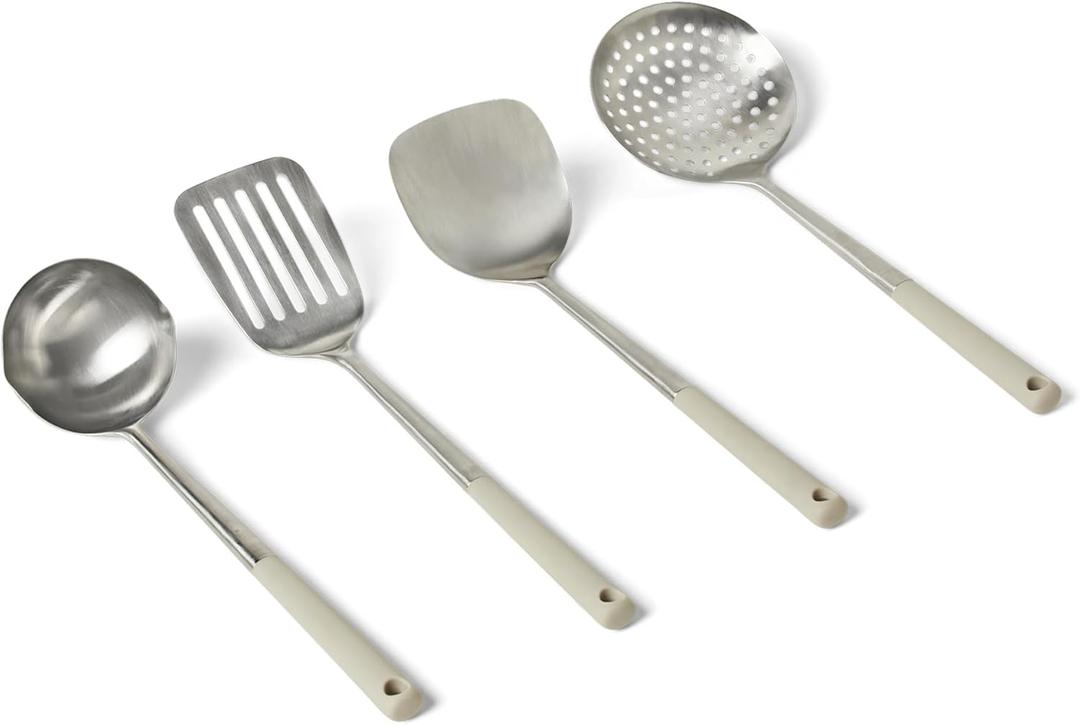 Amazon Basics Stainless Steel Cooking Utensil Set with Ladle, Spatula, Slotted Spatula and Slotted Spoon, 4-Piece Set, Soft Grip Handle, Dishwasher-Safe, Linen Gray