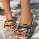 Women's Boho Beaded Beach Flat Sandals Embroidered Open Square Summer Slide Shoes Beach (M)