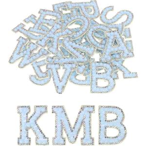 MECCANIXITY Iron on Patch Decorative A-Z Light Blue Pearls Rhinestone Glitter Alphabet Applique for DIY Clothes Repair Hats Bags Pack of 26