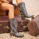DREAM PAIRS Women's Cowboy Boots Mid Calf Cowgirl Boots Square Toe Chunky Heel Embroidery Stitched Western Boots, Size 7.5,Brown