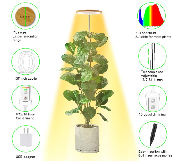 yadoker Plant Grow Light, LED Growing Light Full Spectrum for Indoor Plants,Aluminum Walnut Wood Grain Plant Lights,Height Adjustable, Automatic Timer, 5V Low Safe Voltage,Idea for Large
