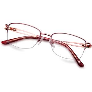 LianSan Metal Bifocal Reading Glasses for Women,Stylish Half Rim Zero Top Blue Light Blocking Computer Reader (Pink)