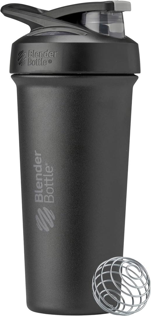 BlenderBottle Sport Sleek Shaker Cup Insulated Stainless Steel Water Bottle with Wire Whisk, 25Ounce, Black