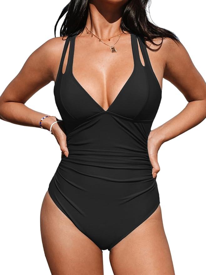 CUPSHE Women's One Piece Swimsuit Tummy Control Deep V Neck Double Straps Crisscross Back Tie Bathing Suit, M