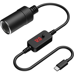 Cigarette Lighter Socket Adapter USB C Male to 12V 12W Max, Car Cigarette Lighter Socket Female Converter Cable, Adjustable 5V 9V 12V for Dash, 1 Pack