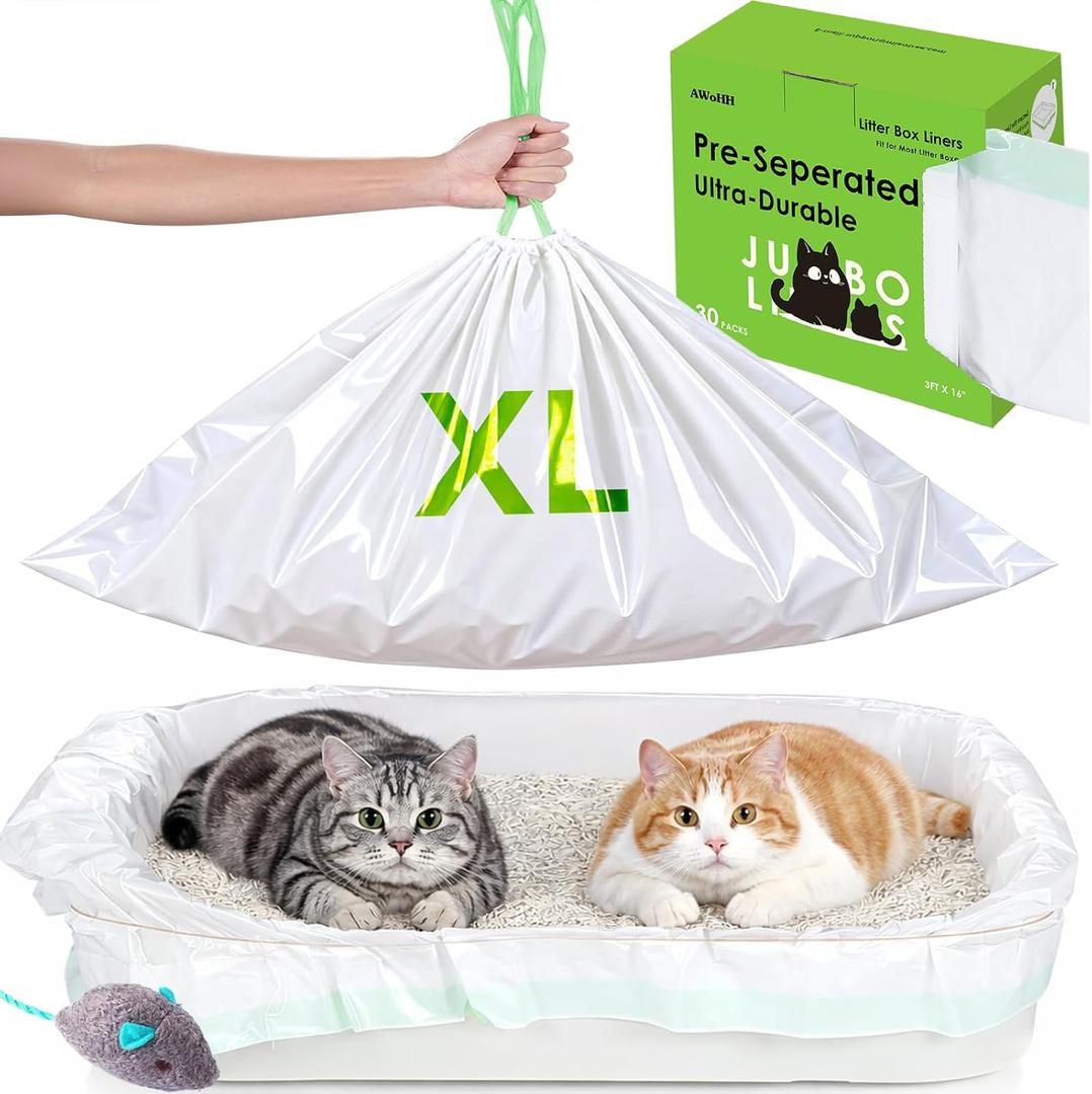 Cat Litter Box Liners [30 Count]-Large/Jumbo 37"x16"-Heavy Duty Scratch Resistance Drawstring Litter Bags-Dispenser Box No Tearing Needed-70% Recycled Ocean Plastic