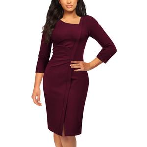 AISIZE Women's Retro 3/4 Sleeve Ruched Elegant Business Pencil Sheath Dress (L)