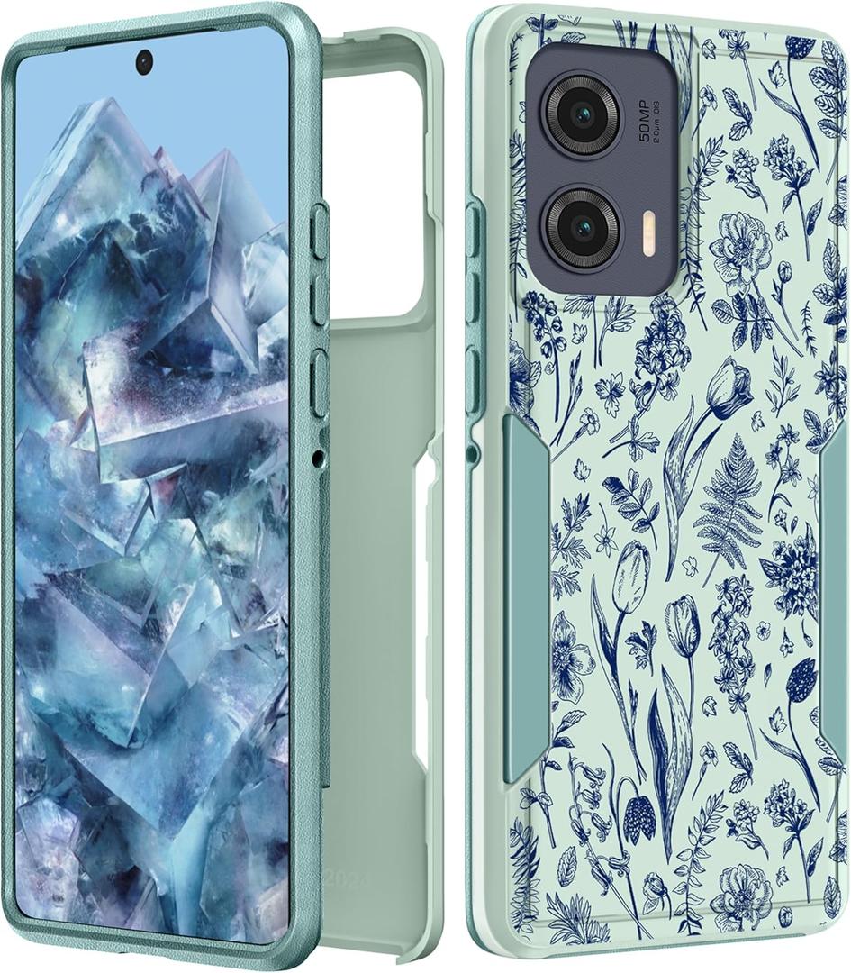 for Moto Edge 2024 Case Women - Cute Girls Phone Cover Girly Kawaii Aesthetic Unique Design Blue Flower Heavy Duty Protective Shockproof Military Grade for Motorola Moto Edge 2024 Cases