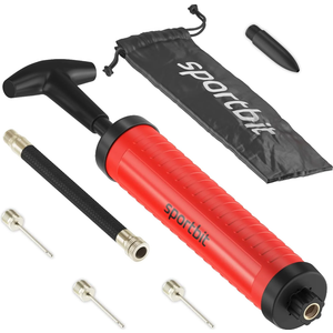 SPORTBIT Ballpump for Sports Balls - Basketball Pump for Sport Balls - Football & Soccer, Basketball, Volleyball Pump, Swim Inflatables - Hand Air Pump with 3 Needles, Nozzle, Extension Hose, Pouch (Red)