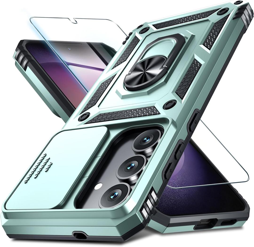 Janmitta Compatible with Samsung Galaxy S25 FE Case Built in Slide Camera Lens Cover+Screen Protector+Finger Ring Holder Kickstand,Heavy Duty Shockproof Full Body Phone Cover,2025 Dark Green