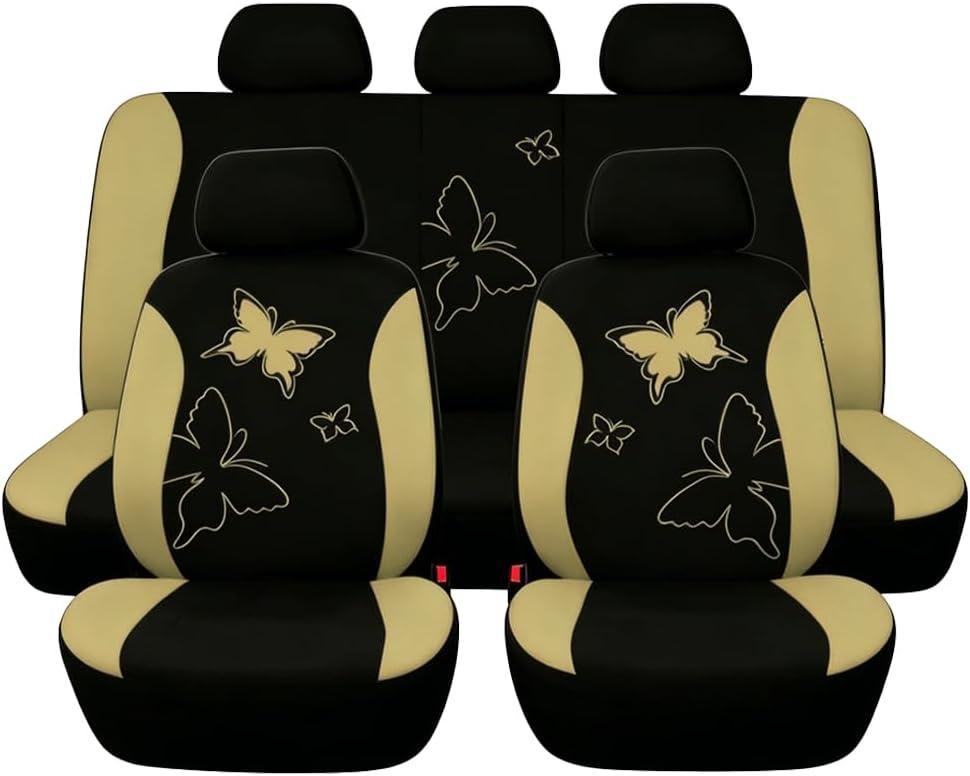 Car Seat Covers, 9PCS Butterfly Print High Back Vehicle Front Seat & Rear Bench Protector, Breathable Automotive Interior Chair Accessories, Universal for SUV Sedan Truck (Beige)