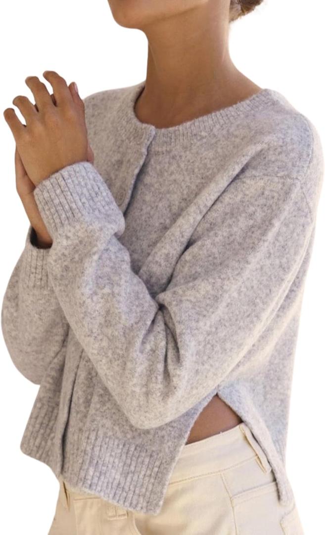 Womens Crop Cardigan Sweaters Long Sleeve Side Split Cardigan Knitwear Trendy Button Down Knit Cardigan (Medium, Light Grey)