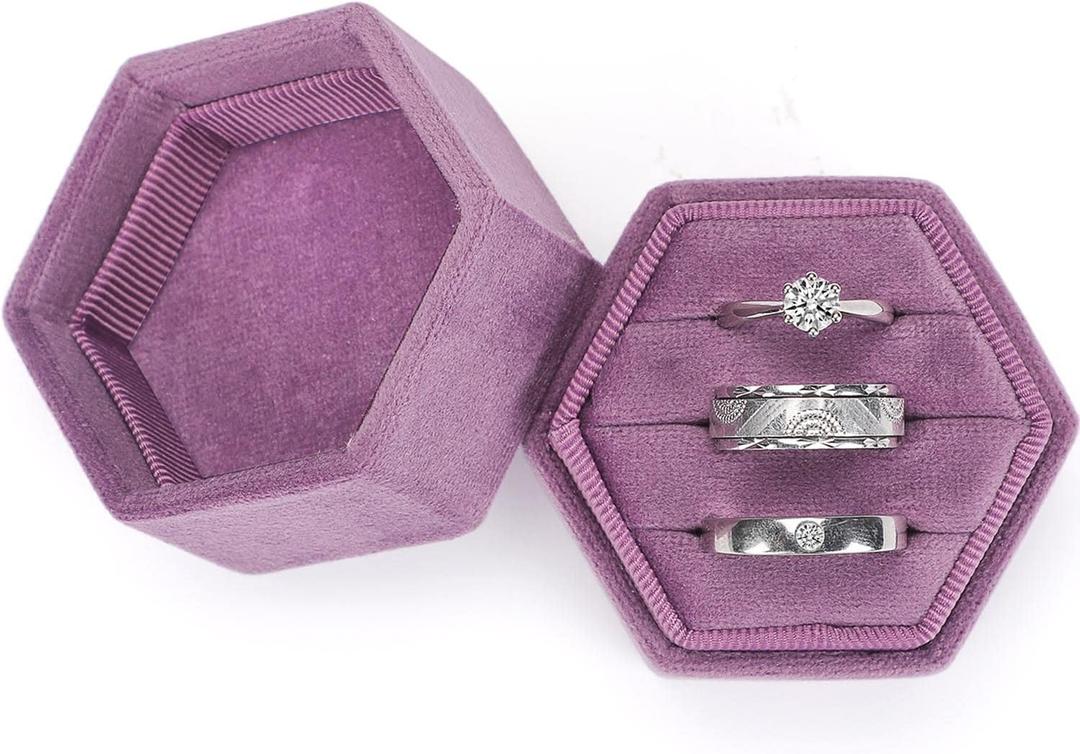 4 x WantGor Velvet Jewelry Ring Box, 3 Slots Hexagon Ring Gift Box Vintage Ring Display Holder Case for Wedding Ceremony Proposal Engagement (Purple, 3 Slots)
