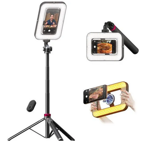 Tripod for iPhone with Light, Portable 15W Ring Light with Stand and Phone Holder for Video Recording, 6000mAh Magnetic Phone Tripod with Light 2500K9000K for Food Hunt,Mukbang Video,Vlogging,CRI＞95