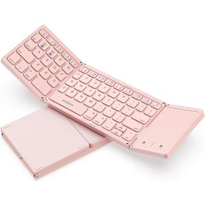 seenda Foldable Bluetooth Keyboard for Travel, Tri-Folding Wireless Rechargeable Multi-Device Portable Keyboard with Touchpad, for Laptop iPad Tablet PC Smartphone Windows iOS Android, Pink