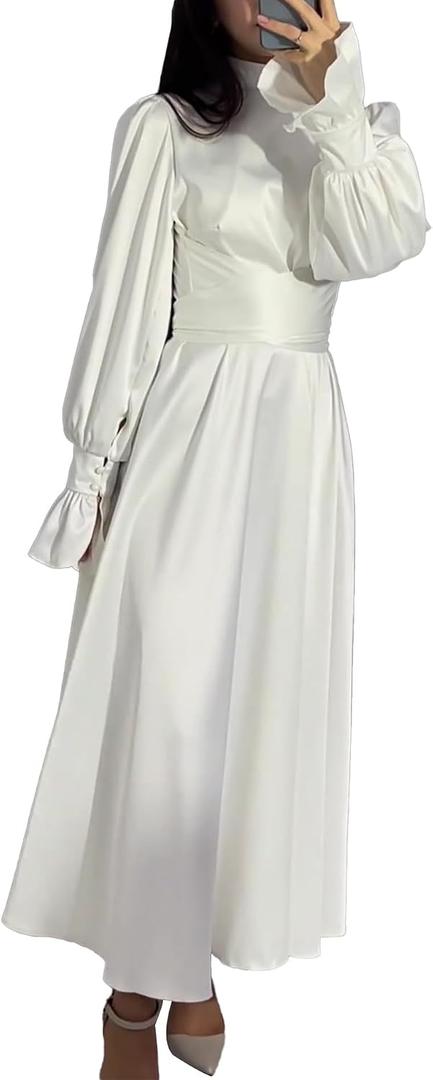 xxxiticat Women's Green Satin Dress Long Lantern Sleeve Mock Neck Puff Shoulder Tie Waist Pleated Cocktail Maxi Slip Dresses (White, XL)