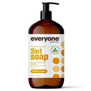Everyone 3-in-1 Soap, Body Wash, Bubble Bath, Shampoo, 32 Ounce (Pack of 2), Coconut and Lemon, Coconut Cleanser with Organic Plant Extracts and Pure Essential Oils