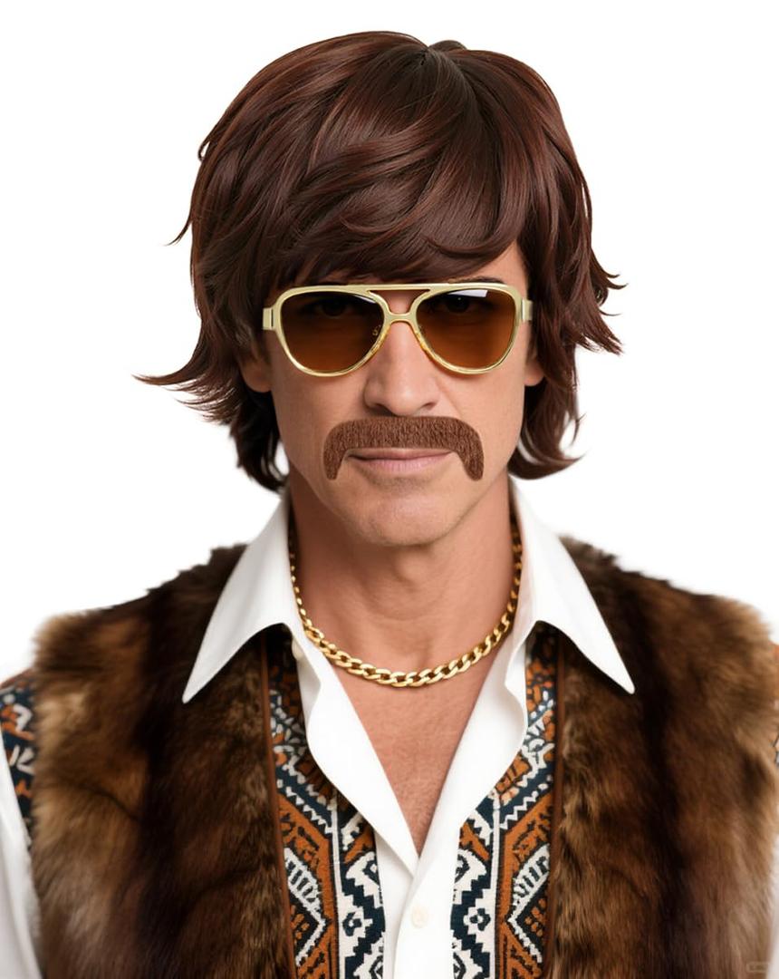 Men's Brown Medium-Length Wig with Moustache and Gold-rimmed Glasses Set Halloween Character Costume Wig (Brown/Medium)