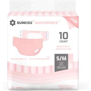 SUNKISS Masterpiece Adult Diapers with Tabs, Unisex Disposable Incontinence Briefs for Women and Men, Odor Control, Pink, Small/Medium, Previously,10 Count