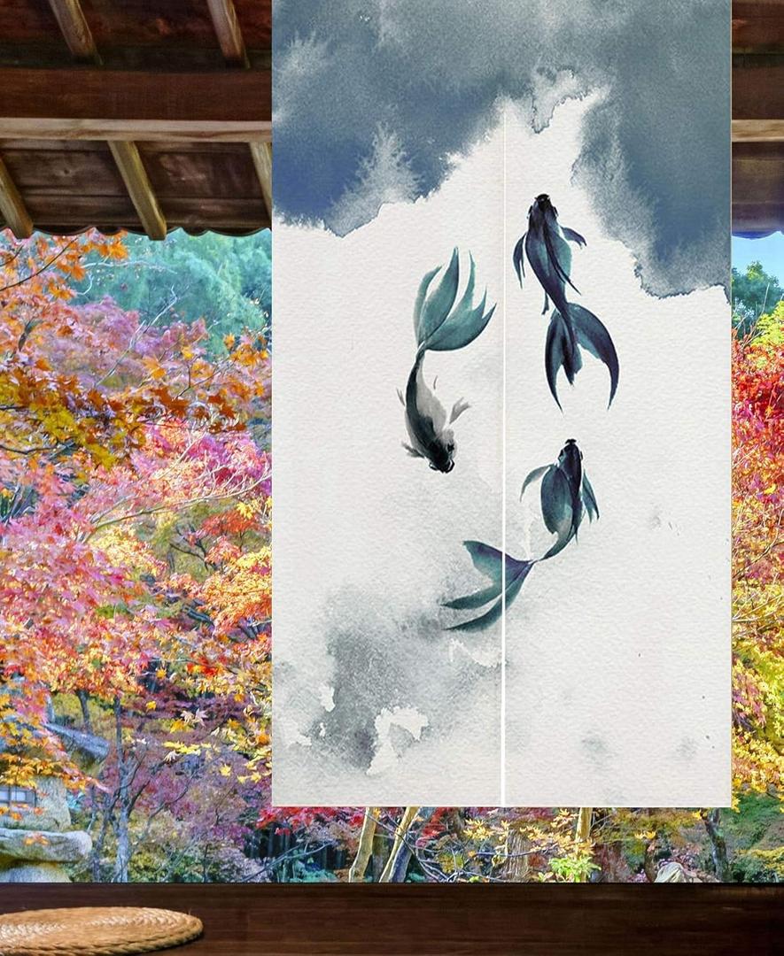 LIGICKY Chinese Ink Style Japanese Noren Doorway Curtain Linen Koi Fish Printed Asian Window Treatment Hanging Door Tapestry for Sushi Kitchen Home Decoration 33.5" Width x 47.2" Long
