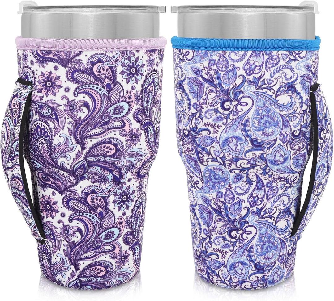 Neoprene Insulated Sleeves Cup Holder with Handle for 30oz - 32oz Tumbler Cups, Reusable Iced Coffee Cup Sleeve For XLarge 38-42oz Coffee cups(Paisley(2 Pack))