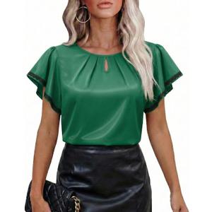 siliteelon Blouses for Women Business Casual Tops for Women Ruffle Short Sleeve Flowy Satin Silk Work Trendy Elegant Summer (XL)