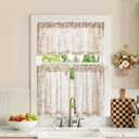 jinchan Floral Kitchen Curtains Set 24 Inch Length Farmhouse Linen Cafe Curtains and Valance Set for Living Room Bathroom Small Window Treatments Rod Pocket 3 Panels Taupe on Linen
