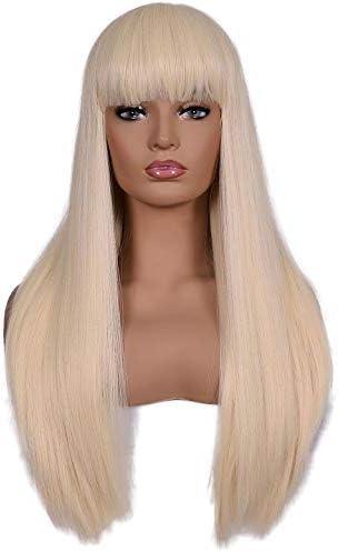 morvally Women's 26 inches Long Straight Blonde Synthetic Resistant Hair Wigs with Bangs Natural Looking Wig for Women Halloween Cosplay (Blonde)